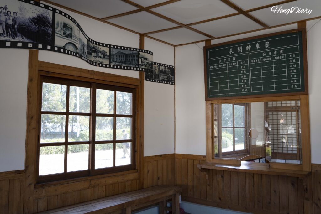 Interior of Seodo Station in Namwon showing original wooden benches and the old ticket window