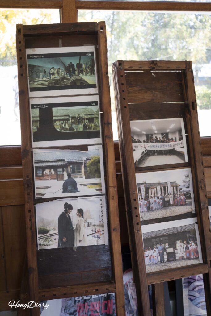 Behind-the-scenes photos and materials from the Korean drama Mr. Sunshine displayed inside Seodo Station in Namwon