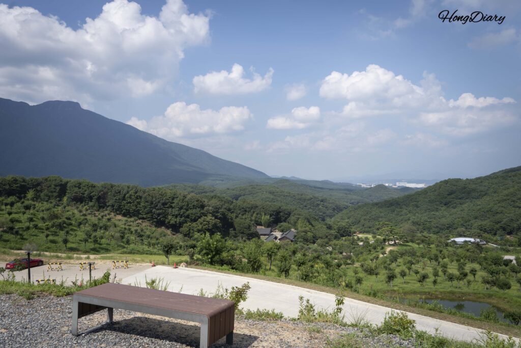 Mountain and sky panorama seen from a bench in the courtyard of Seounam Hermitage at Tongdosa Temple