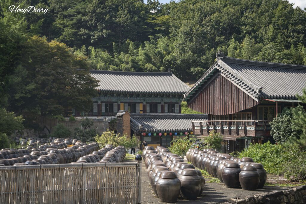 梁山・通度寺の西雲庵へ続く山道に並ぶ伝統的な醤甕(ジャンドクデ)と寺院の風景