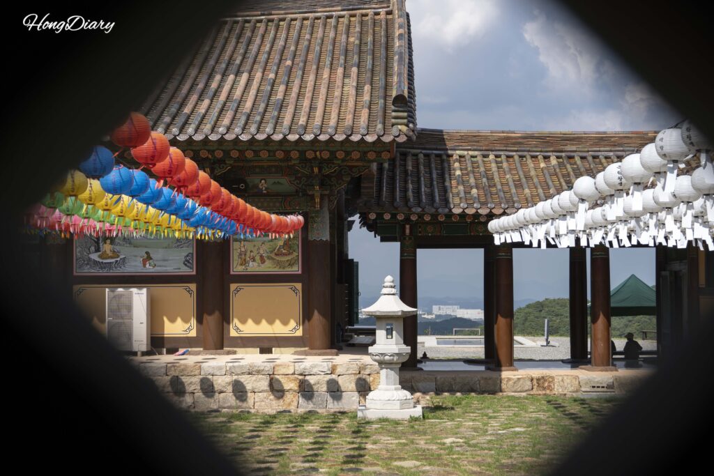 蔵経閣の陶磁板の隙間から見える西雲庵の寺院建築と吊り灯籠