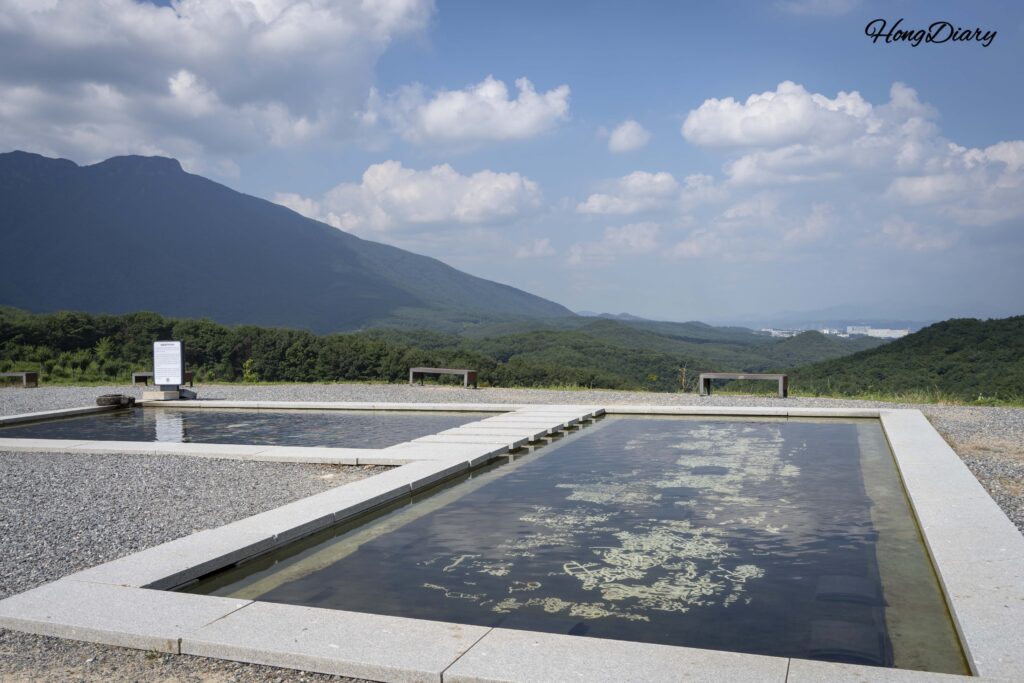 西雲庵の前庭に設置された水槽に沈む螺鈿漆器の岩刻画再現作品(蔚州・川前里刻石)