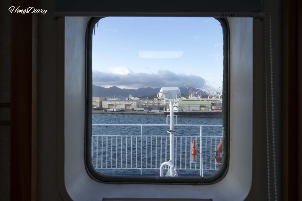 Morning view of Shimonoseki port through the cabin window of the Seonghee ferry