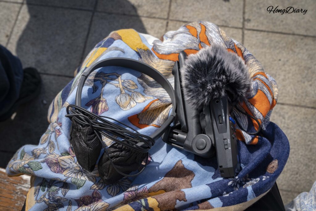 Portable field recorder with windscreen and over-ear headphones included in the Busan sound walking tour kit