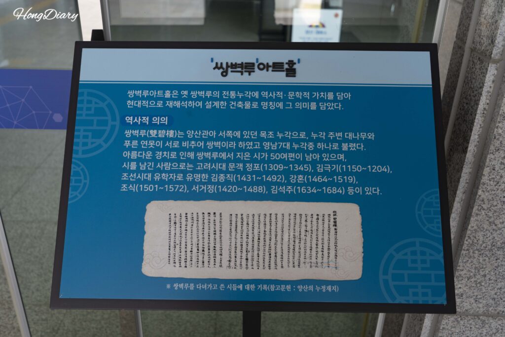 朝鮮時代の楼閣「双碧楼」の歴史と嶺南七楼としての位置づけを説明する展示パネル