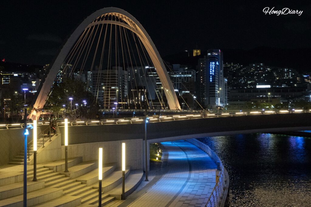 Night view from the 3rd Pedestrian Bridge at North Port Waterfront Park showing illuminated paths and harbor lights