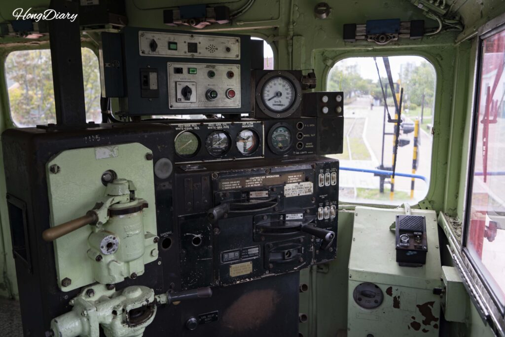 View from inside the driver's cabin of a retired train at Jinyeong Railway Museum in Gimhae