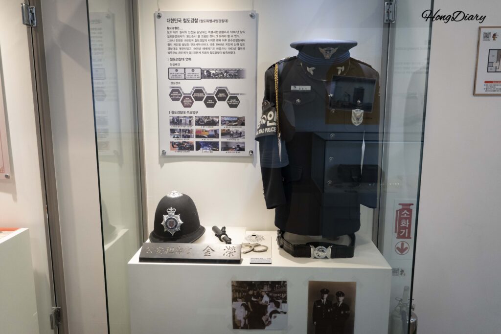 Vintage Korean railway station master uniform on display at Jinyeong Railway Museum in Gimhae