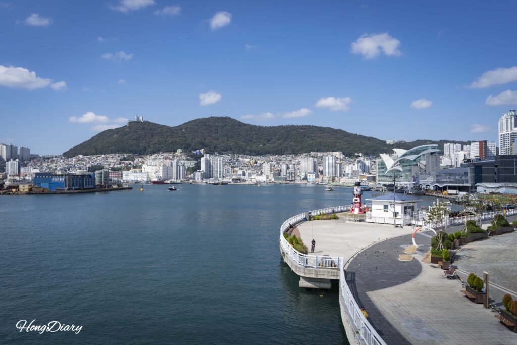 影島大橋から見下ろした海とユラリ広場のパノラマ風景