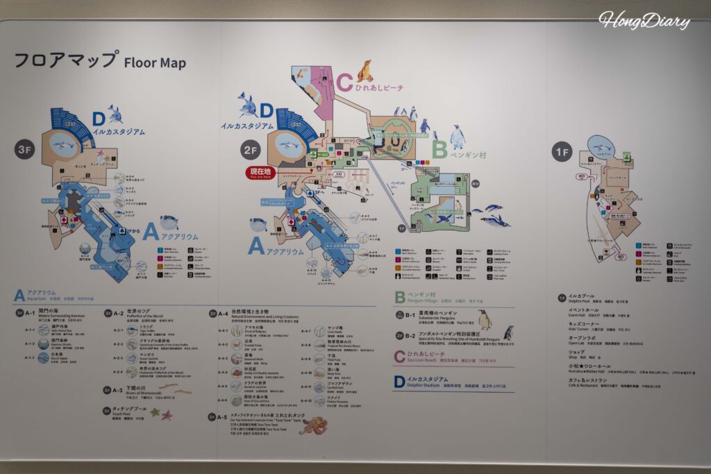 Mapa oficial del recorrido del Acuario Kaikyokan mostrando el orden de visita desde la entrada hasta la salida