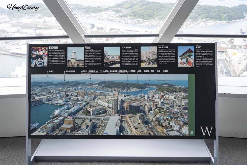 Directional information map on the 30th floor of Kaikyo Yume Tower showing landmarks visible to the west including Shimonoseki Station and the ferry terminal