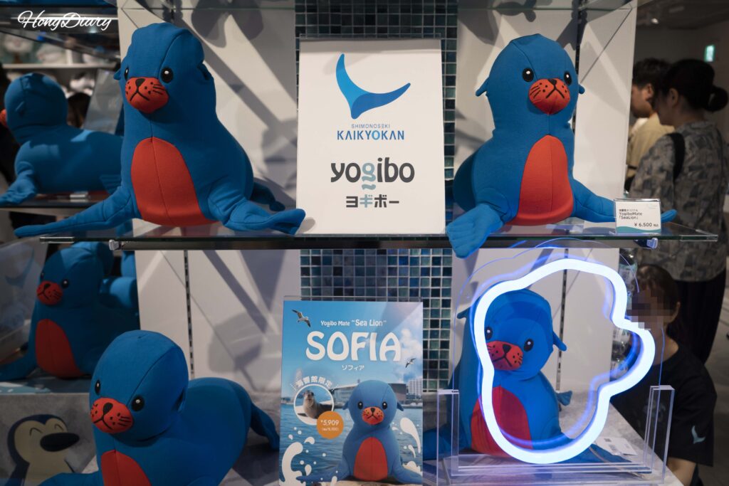 海響館のショップnaminowaに展示されている6,500円のゴマフアザラシのぬいぐるみ