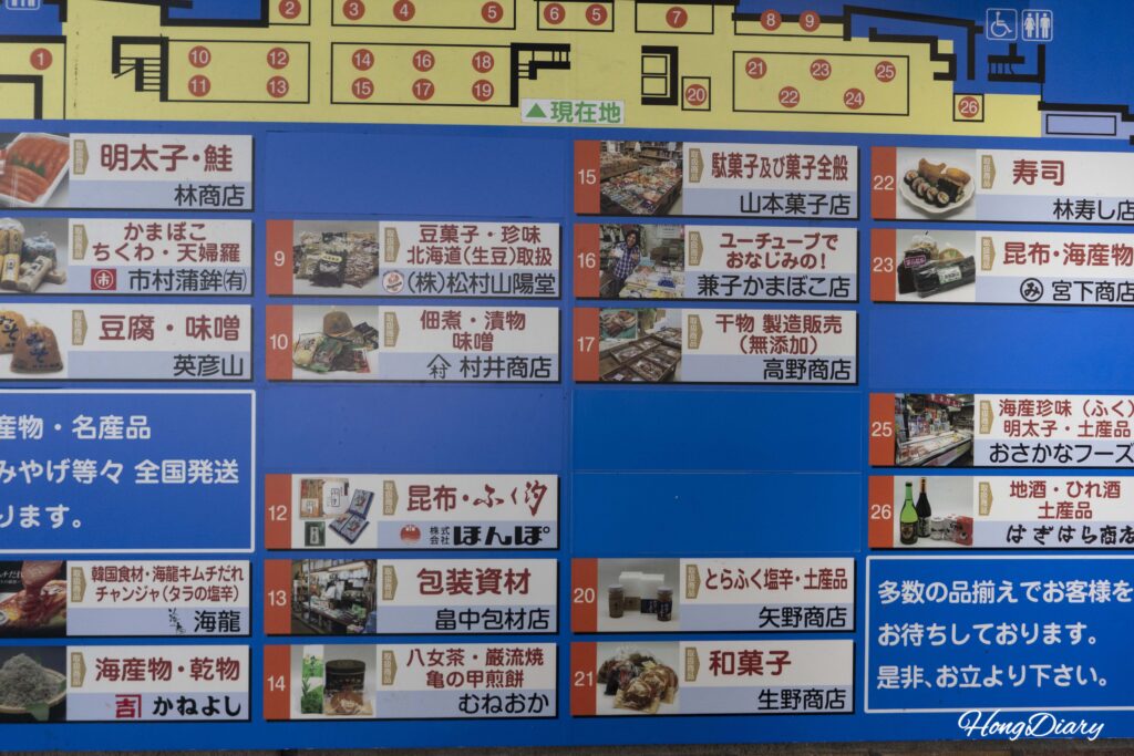 唐戸市場の入口に掲示された各店舗の案内看板